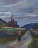 Kveld i Kvikne by Kristen Holbø, Olje på lerret, sold Sep 2026