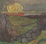 Fra Knudaheio - Solnedgang over Jæren by Kalla Skrøvseth, 1969, Olje på plate, sold Aug 2026