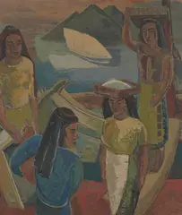Havnearbeidersker, Portugal by Jardar Lunde, 1936, Olje på lerret, sold Aug 2026