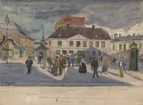 Klokkebytter, Eftermiddag paa Lilletorvet i solskinn, Sommerferien 1921 by Ludvig Orning Ravensberg, 1921-24, Blyant og akvarell på papir, sold Aug 2026