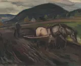 Harving by Kristen Holbø, 1928, Olje på lerret, sold Aug 2026