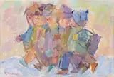 Skoleunger by Gøsta Munsterhjelm, Gouache og kull på plate, sold Aug 2026