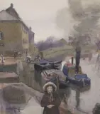 Prammer paa Elven Cam, Ely by Harald Krohg Stabell, 1899, Akvarell, sold Aug 2026