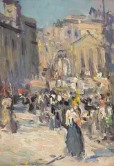 A busy day, Princes Street, Edinburgh by John Duncan Fergusson, oil on panel, sold Apr 2014
