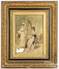 interior with two women and harp by Edward Percy Moran, watercolor, sold Jul 2026