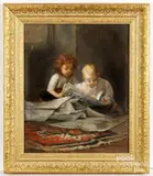 two children with newspapers by Clara Belle Owen, oil on canvas, sold Jul 2026