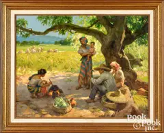 landscape with figures cooking beneath a mango tree and field workers in the background by Fernando Amorsolo, oil on canvasboard, sold Jun 2026