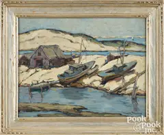 New England coastal scene by Walter Farndon, oil on board, sold Jun 2026