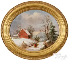 winter snow scene with a pair of figures walking along a lane near a red house and mountains in the distance by George Henry Durrie, 1856, oil on artist board, sold Jun 2026
