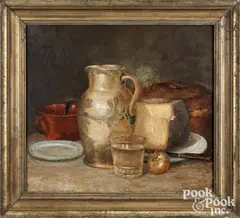 still life with a stoneware jug and cheese by Thomas Birch, oil on canvas, sold Jun 2026