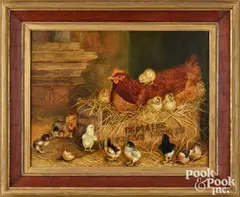 hen and thirteen chicks by Ben Austrian, oil on canvas, sold Jun 2026