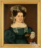 folk portrait of Sarah Goodenow Brown with blue dress and white glove sitting in a painted fancy chair by Royall Brewster Smith, oil on canvas, sold Jun 2026