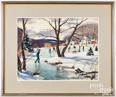 winter landscape with ice skating on a frozen pond by Ranulph Bye, watercolor on paper, sold Jun 2026