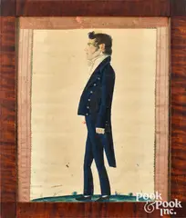 profile portrait of a gentleman with ribbon border by Jacob Maentel, watercolor, sold Apr 2026