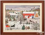winter landscape farm scene by Hattie Klapp Brunner, watercolor and gouache, sold Apr 2026
