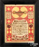 fraktur birth certificate for Catherine Schweigert b. by The Mount Pleasant Artist Samuel Bentz, 1834, ink and watercolor, sold Apr 2026