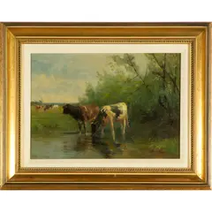 Untitled by Thomas Bigelow Craig, Oil on canvas,'Cows watering'Signed l/l13 1/2 x 9 1/2in. (34cm. x 24cm)Framed: 1, sold Jan 2023