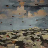 My Life in France: The Sky Above my Home is Alive with Circling Red Birds by Leslie Lerner, 1996, acrylic and varnish on corrugated ragboard, sold Nov 2019