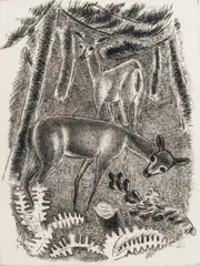 Deers in the Woods by George Constant, 1935, drypoint etching, sold Dec 2019