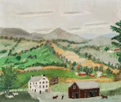 Early Fall by Grandma Moses, 1956, oil on canvas board, sold Feb 2020