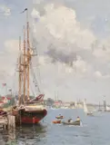 On the Mystic River by Guy Carleton Wiggins, oil on artist board, sold Feb 2020