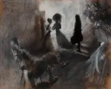Costume genre scene (G. Casile, "Le chapiteau") by Pierre Roussel, charcoal and chalk and gouache on paper, sold Feb 2020