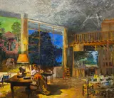 Woman sewing in an evening interior by Pierre Roussel, oil on canvas, sold Feb 2020