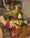 Woman sewing by Pierre Roussel, pastel on paper, sold Feb 2020