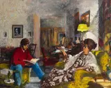 Interior with woman seated and young man reading by Pierre Roussel, oil on canvas, sold Feb 2020
