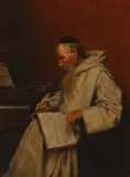 Monk writing music by Richard Linderum, oil on canvas, sold Feb 2020