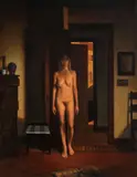 Woman Standing (Nude with Doors) by Stephen Brown, 1990, oil on wood, sold Feb 2020