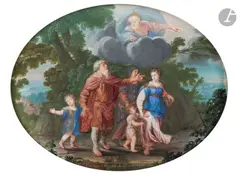 Commandement de Dieu à Abraham d’aller en Canaan by Jean Joubert, Gouache et rehauts d’or sur vélin tendu sur panneau de forme ovale, sold Mar 2026