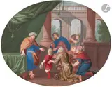 Joseph demande à Benjamin des nouvelles de son père by Jean Joubert, Gouache et rehauts d’or sur vélin tendu sur panneau de forme ovale, sold Mar 2026