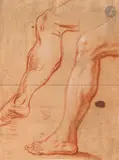 Feuille d’études avec deux jambes by Jan Garemijn, Sanguine et rehauts de craie blanche sur papier beige, sold Mar 2026