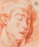 Tête d’expression, yeux clos, tournée vers la droite by Jan Garemijn, Sanguine et traces de rehauts de craie blanche sur papier beige, sold Mar 2026