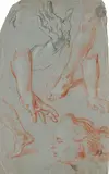 Feuille d’études avec trois mains, deux pieds et une tête by Jan Garemijn, Sanguine, pierre noire et traces de rehauts de craie blanche sur papier bleu, sold Mar 2026