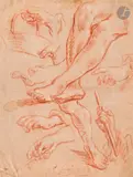 Feuille d’études avec mains et pieds by Jan Garemijn, Sanguine et rehauts de craie blanche sur papier beige, sold Mar 2026