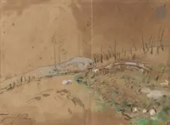 La Route de Balbins, près de la Côte-Saint-André - Chaîne de montagnes à l’horizon et deux esquisses de personnages dans le ciel by Johan Jongkind, Aquarelle, sold Mar 2026