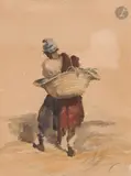 Homme de dos portant un panier by Mariano Fortuny y Marsall, Aquarelle sur traits de crayon noir, sold Mar 2026