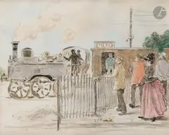 À la gare by Jean-François Raffaëlli, Aquarelle et encre sur traits de crayon, sold Mar 2026