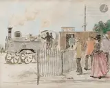 À la gare by Jean-François Raffaëlli, Aquarelle et encre sur traits de crayon, sold Mar 2026