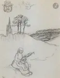 Femme assise dans un paysage et étude de tête d’homme au chapeau by Georges Lacombe, vers 1895, Crayon noir, sold Mar 2026