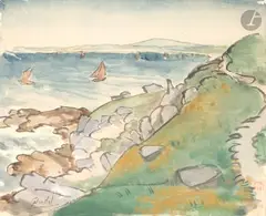 Les Voiliers depuis la côte by Jules Chadel, Aquarelle, encre et rehauts de gouache, sold Mar 2026