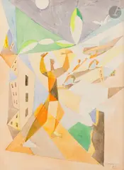 Personnages dans une architecture by Léopold Survage, 1953, Aquarelle sur traits de crayon, sold Mar 2026
