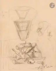 Cannibalisme et verres, au verso étude de torse by Salvador Dalí, vers 1934, Crayon sur page de cahier d’écolier ligné, sold Mar 2026