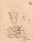 Cannibalisme et verres, au verso étude de torse by Salvador Dalí, vers 1934, Crayon sur page de cahier d’écolier ligné, sold Mar 2026