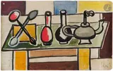 Étude pour Nature morte aux oeufs et à la poêle by Nadia Léger, vers 1953, Gouache et encre sur page de carnet et mise au carreau, sold Mar 2026
