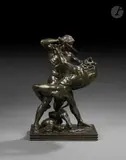 Thésée combattant le Minotaure (seconde version) by Antoine-Louis Barye, vers 1900, Bronze à patine vert-noir nuancée de brun Epreuve signée « Barye », fonte et édition ancie, sold Mar 2026