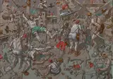 Scène fantastique, Pères Noël by Nebojsa Bezanic, Gouache et encre sur papier brun, sold Jun 2023