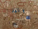 Scène fantastique, l'œillet rouge by Nebojsa Bezanic, Technique mixte dont encre et gouache sur papier, sold Nov 2022